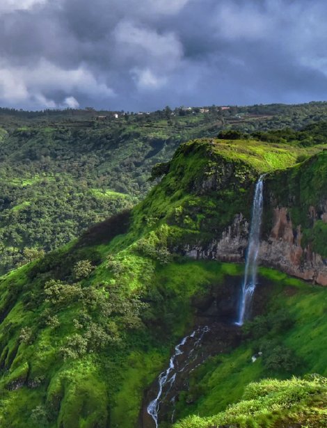 Green mountains and waterfall in mahabaleshwar